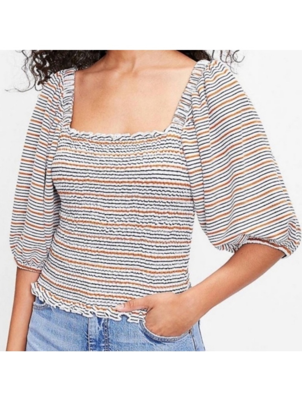LOFT Smocked Puff Sleeve Top Striped Square Neck Crop Medium